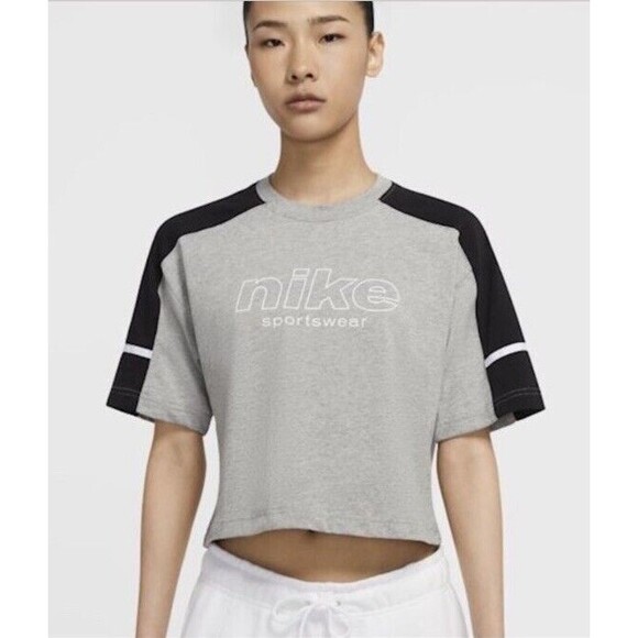 Nike Tops - Nike Gray Crop T-shirt Spell Out Logo Large Activewear Oversized Boxy Streetwear